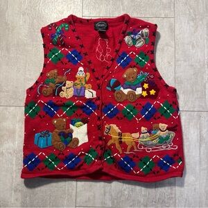 Vintage designer Studio originals Red Argyle Vest with Teddy Bear Sz M